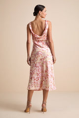Tarice Beige Floral Jacquard Cowl Back Midi Dress