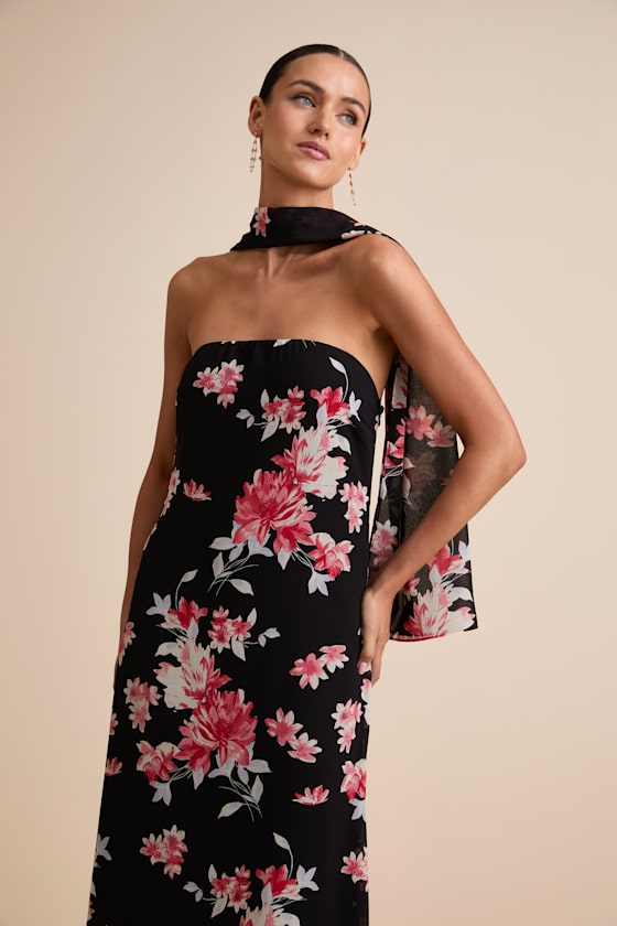 Rawya Black Floral Strapless Maxi Dress and Scarf Set