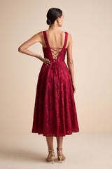 Loira Burgundy Burnout Jacquard Lace-Up Midi Dress