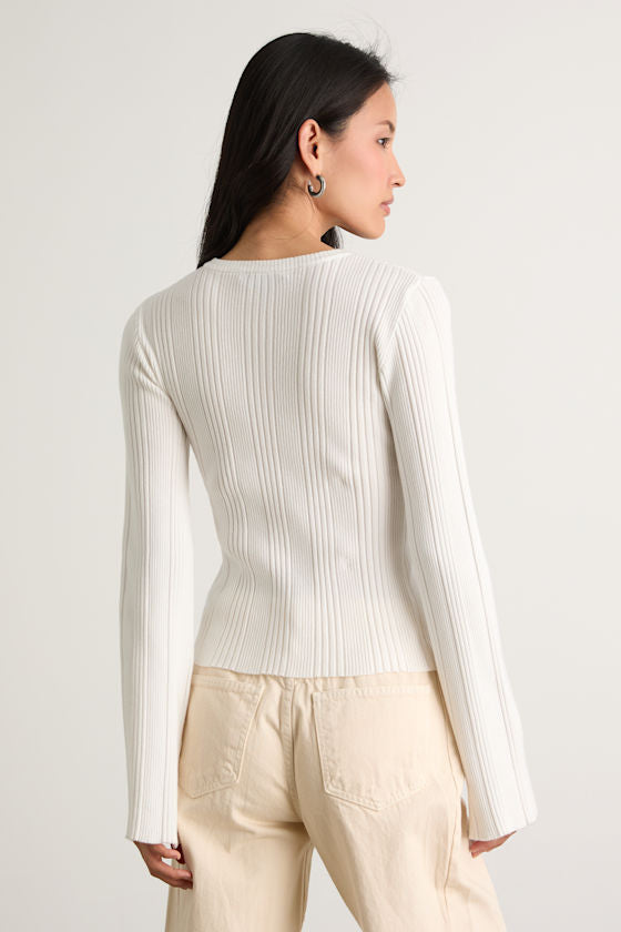Nydia White Ribbed Long Sleeve Sweater Top