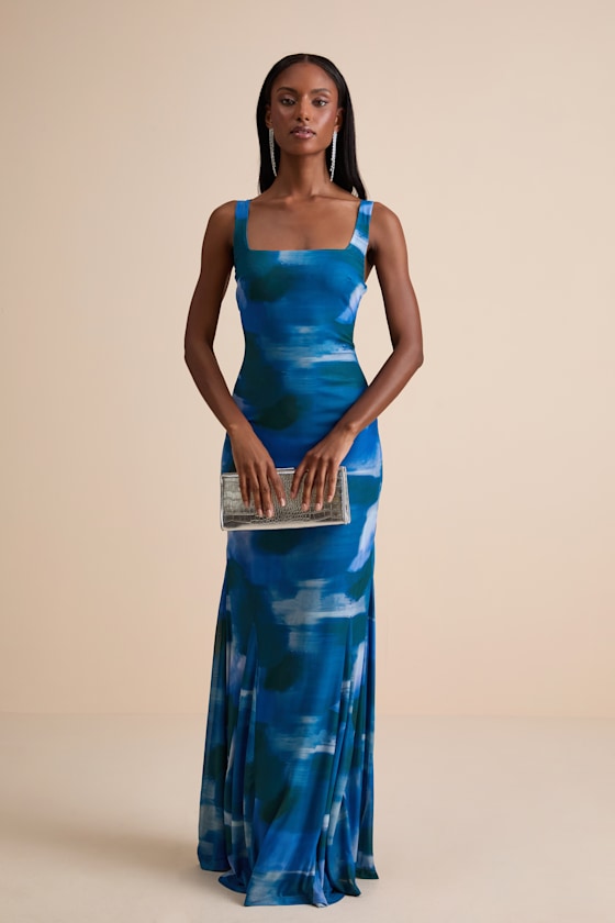 Zemina Blue Abstract Godet Pleated Mermaid Maxi Dress