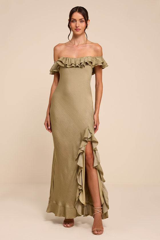 Eloisa Light Olive Satin Off-the-Shoulder Maxi Dress