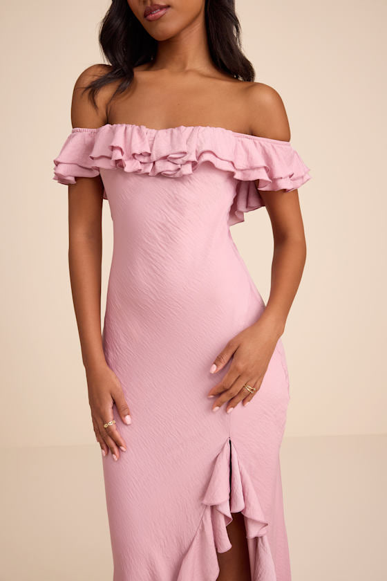 Eloisa Lilac Satin Off-the-Shoulder Maxi Dress