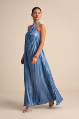Gelsey Dusty Blue Pleated Halter Shift Maxi Dress