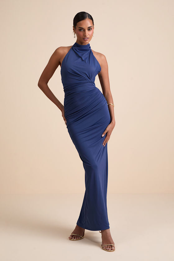 Seraiah Navy Knotted Ruched Halter Maxi Dress