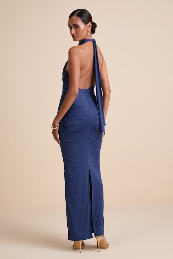 Seraiah Navy Knotted Ruched Halter Maxi Dress