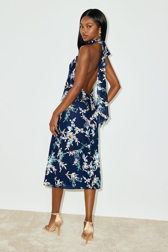 Lizbeth Navy Floral Jacquard Backless Midi Dress