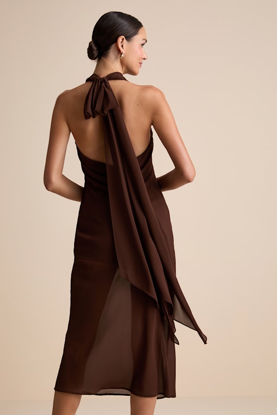 Eshai Brown Cowl Halter Midi Dress