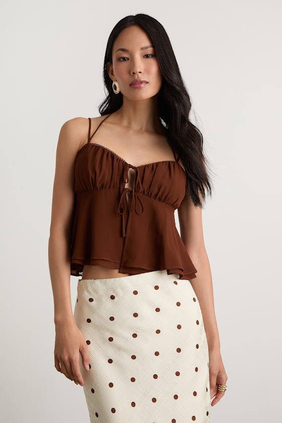 Yasha Brown Tie-Front Babydoll Cami Top