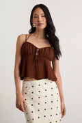 Yasha Brown Tie-Front Babydoll Cami Top