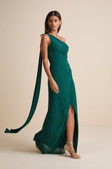 Adeline Emerald One-Shoulder Scarf Maxi Dress