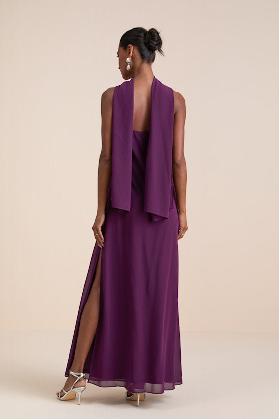 Rawya Plum Purple Strapless Maxi Dress and Scarf Set