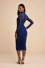 Impressive Flirt Navy Mesh Ruched Mock Neck Midi Dress