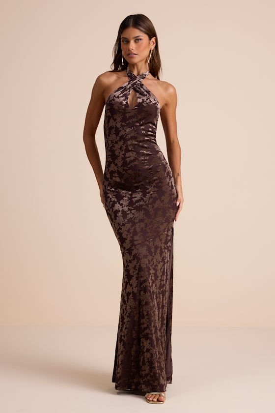 Sharon Brown Velvet Burnout Halter Maxi Dress