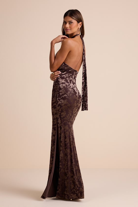 Sharon Brown Velvet Burnout Halter Maxi Dress