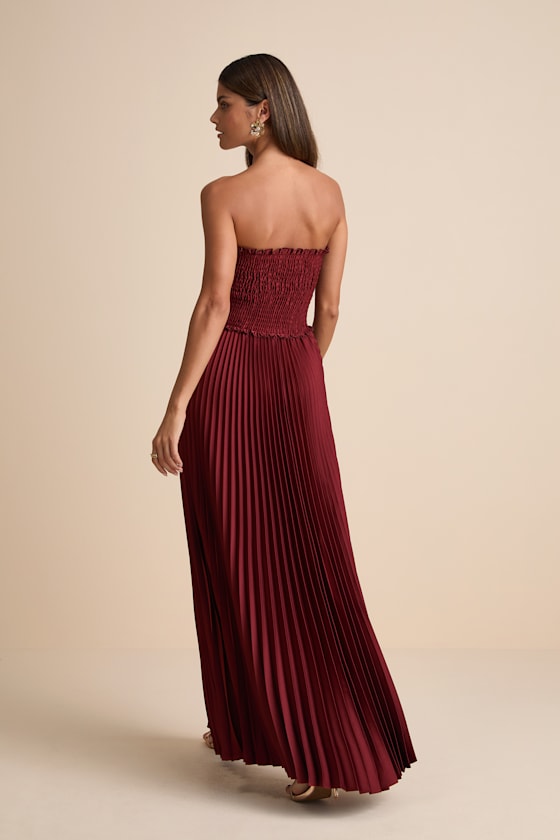 Damira Rust Satin Pleated Strapless Maxi Dress
