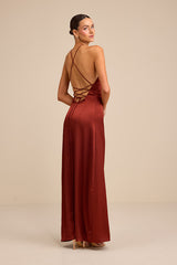 Nisrine Rust Red Satin Lace-Up Halter Maxi Dress