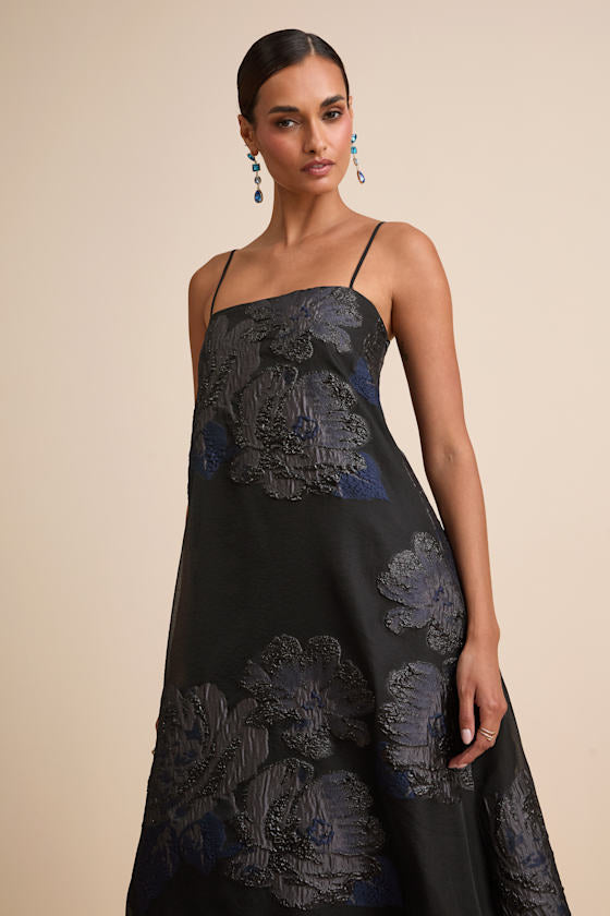 Yavanna Black Floral Jacquard Shift Maxi Dress