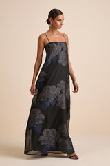 Yavanna Black Floral Jacquard Shift Maxi Dress