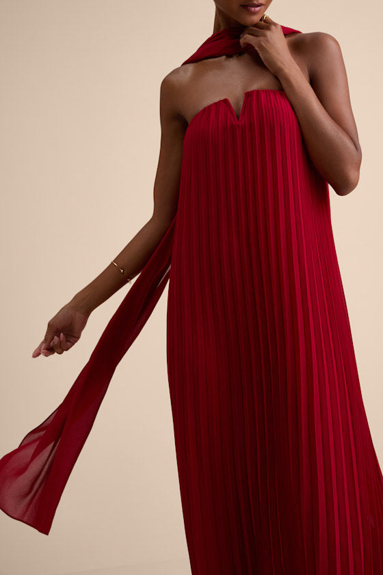 Lael Dark Red Pleated Strapless Dress and Scarf Set