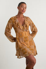 Claire Mustard Yellow Boho Print Wrap Mini Dress