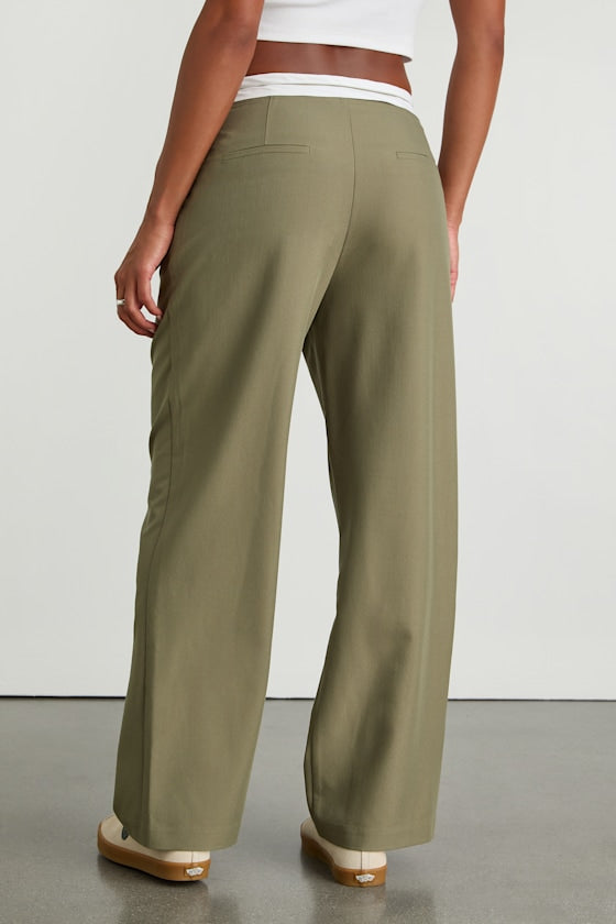Refined Mood Olive and White Straight Leg Trouser Pants