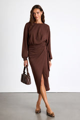 Eunia Brown Jersey Knit Long Sleeve Wrap Midi Dress