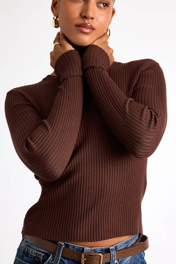 Karlee Brown Ribbed Knit Long Sleeve Sweater Top