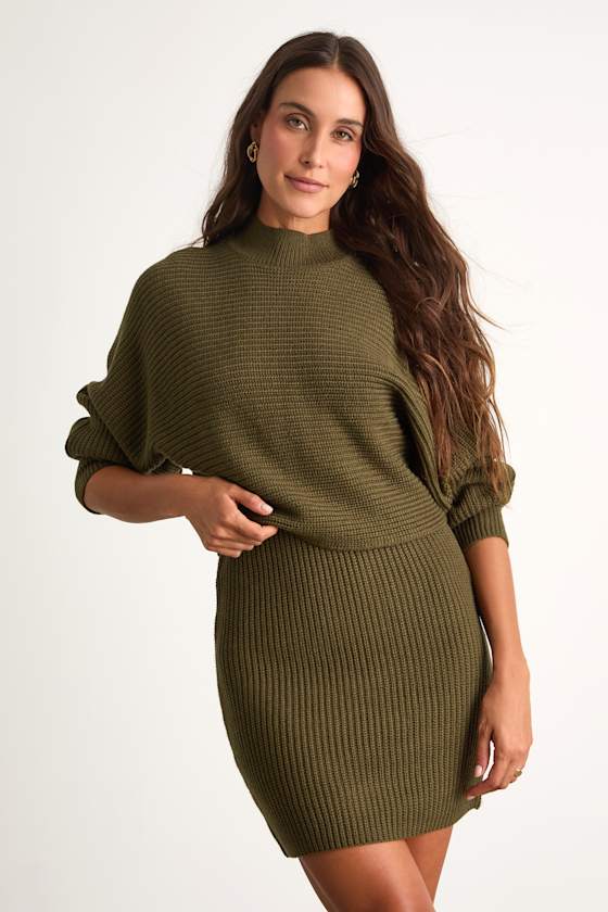 Toasty Times Dark Olive Long Sleeve Two-Piece Sweater Dress