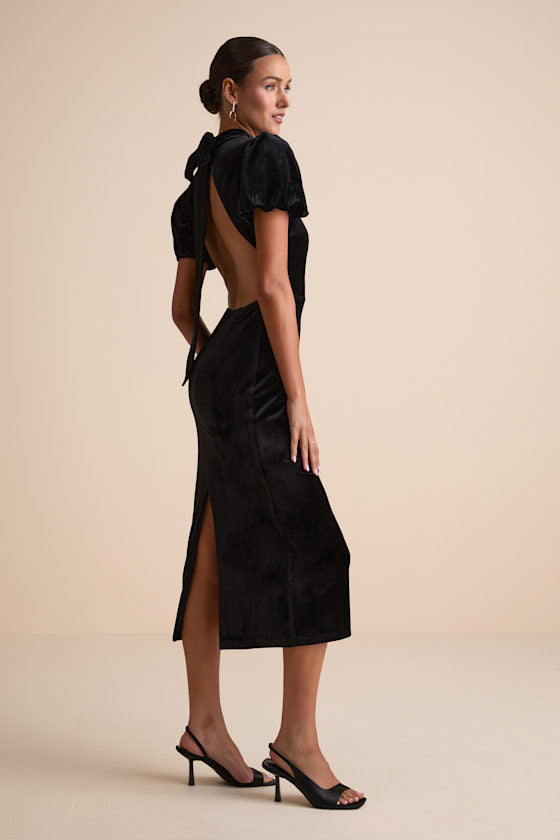 Fabulous Intuition Black Velvet Backless Column Midi Dress