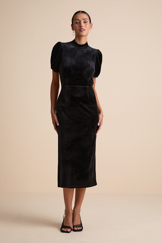 Fabulous Intuition Black Velvet Backless Column Midi Dress