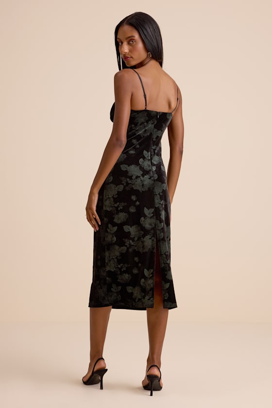 Areti Black Velvet Burnout Column Midi Dress