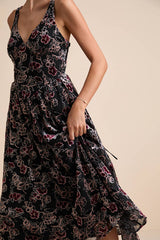 Priella Black Velvet Burnout Lace-Up Midi Dress