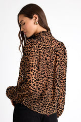 Harielle Brown Leopard Print Burnout Velvet Long Sleeve Blouse