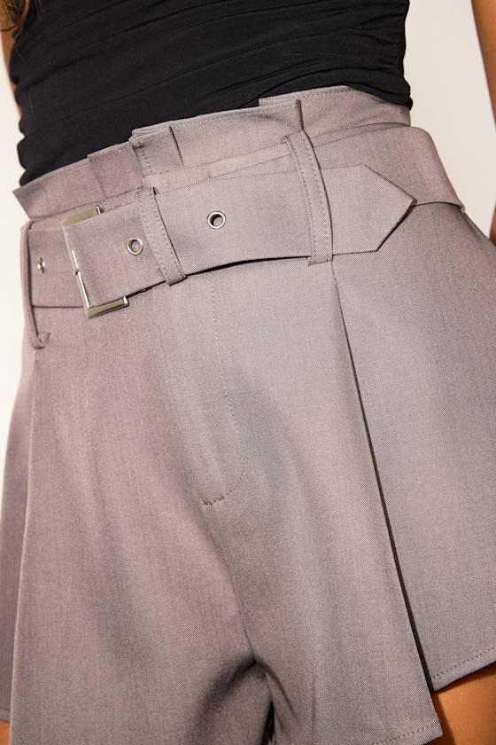 Noara Grey Belted High-Rise A-Line Shorts