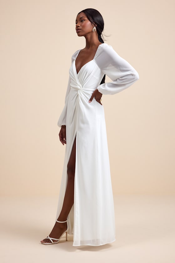 Composed Soiree White Twist-Front Long Sleeve Maxi Dress