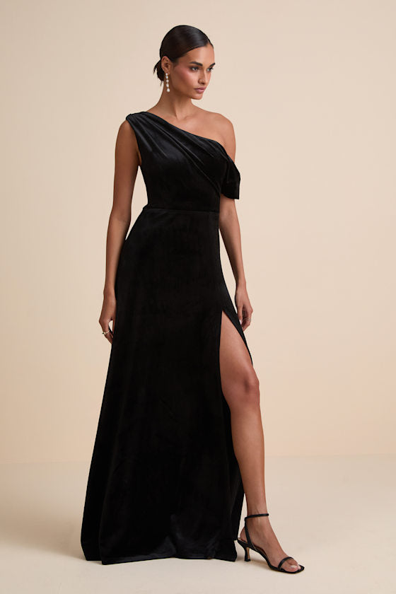 Coveted Confidence Black Velvet Asymmetrical Maxi Dress