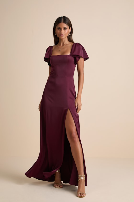 Ultimate Sweetness Plum Satin Flutter Sleeve Maxi Dress