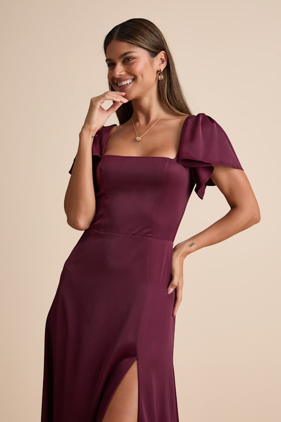Ultimate Sweetness Plum Satin Flutter Sleeve Maxi Dress