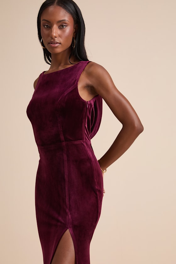 Ravishing Poise Burgundy Velvet Cowl Back Sleeveless Maxi Dress