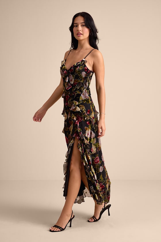 Shona Black Multi Velvet Jacquard Ruffled Maxi Dress