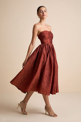 Analeia Rust Jacquard Lace-Up Strapless Midi Dress