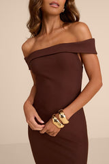 Chastain Brown Ponte Knit Off-the-Shoulder Maxi Dress