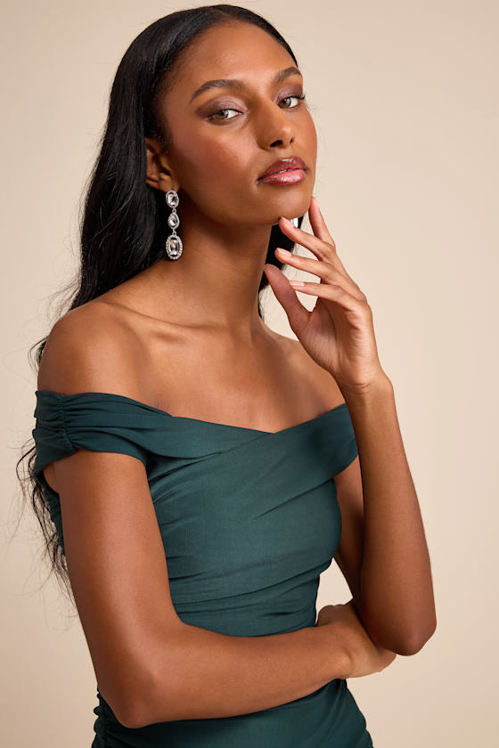 Scotia Dark Green Mesh Ruched Off-the-Shoulder Maxi Dress