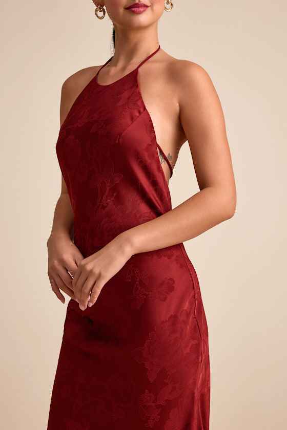 Ayura Rust Red Satin Jacquard Tie-Back Halter Maxi Dress