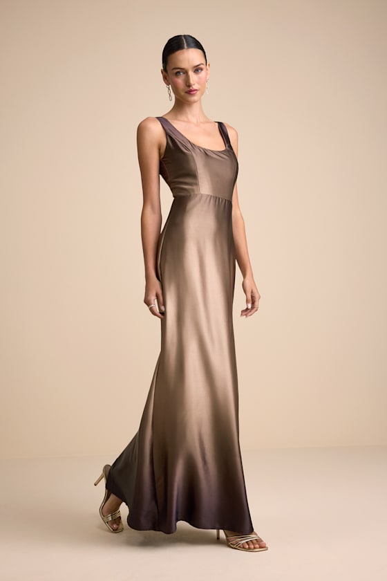 Cerise Brown Ombre Satin Sleeveless Maxi Dress
