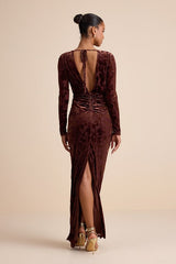 Patricia Brown Velvet Burnout Long Sleeve Maxi Dress