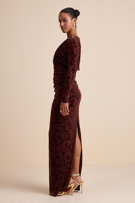Patricia Brown Velvet Burnout Long Sleeve Maxi Dress