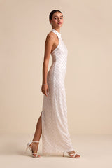 Novalea White Sequin Halter Maxi Dress