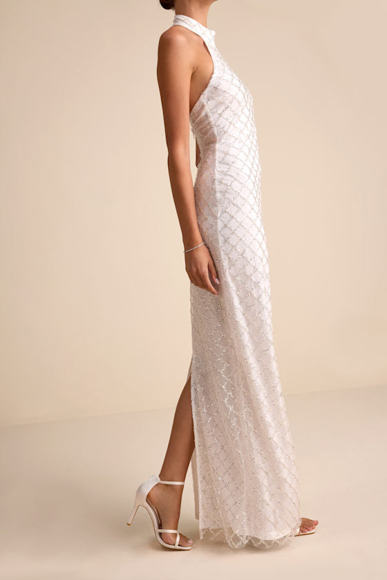 Novalea White Sequin Halter Maxi Dress